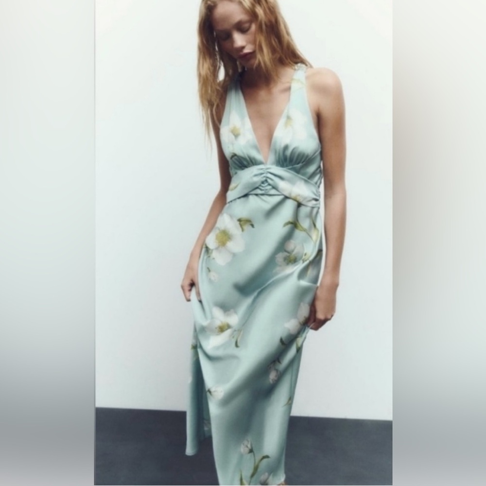 NWT Zara Blue Floral Print Satin Effect Long Dress Size S Maxi Dress